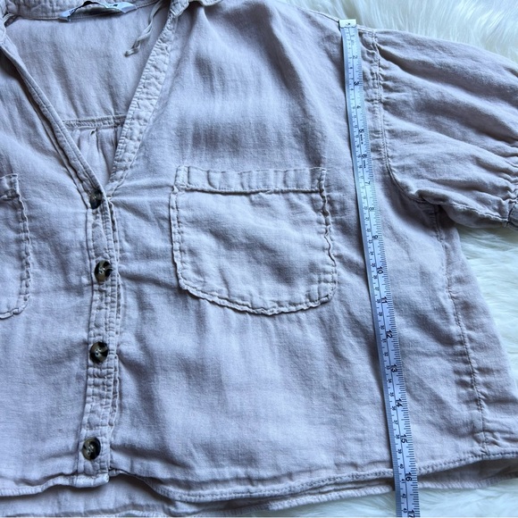 Zara Sz S Tan 100% Linen Button Up Shirt Cropped Short Sleeve Boxy Collared Top - Picture 8 of 17